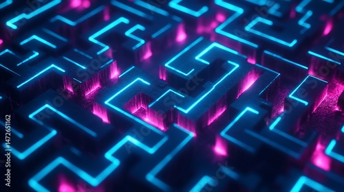 Intricate glowing maze.  Complex pathways of neon blue and pink light
