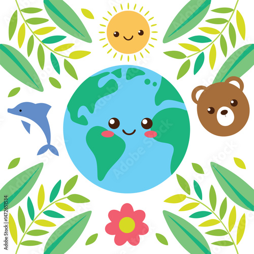 Smiling Earth and Sun surrounded by Leaves, Flower, Dolphin, and Bear against White