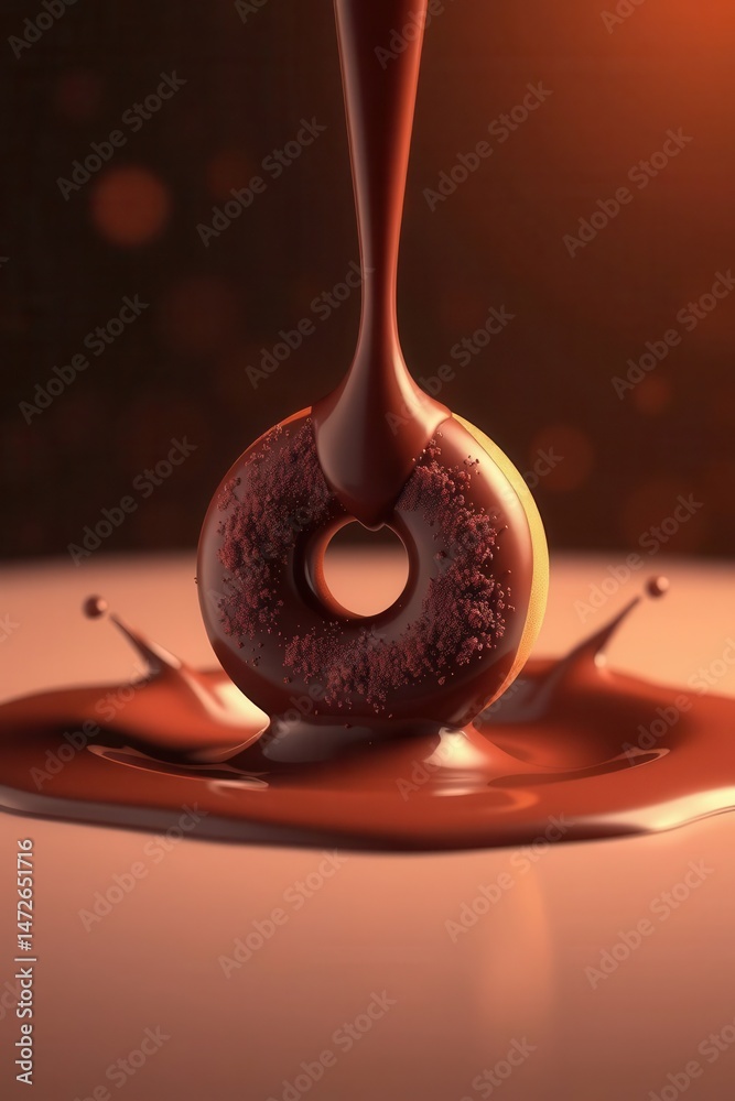 Fototapeta premium Chocolate covered donut with chocolate being poured over. Rich brown, sweet, and delicious dessert.