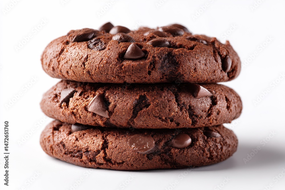 Fototapeta premium Decadent Double Chocolate Chip Cookie Stack on White Background - Irresistible Treat for Dessert Lovers