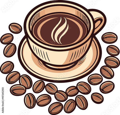 Stylized coffee cup on saucer surrounded by coffee beans shows delicious beverage