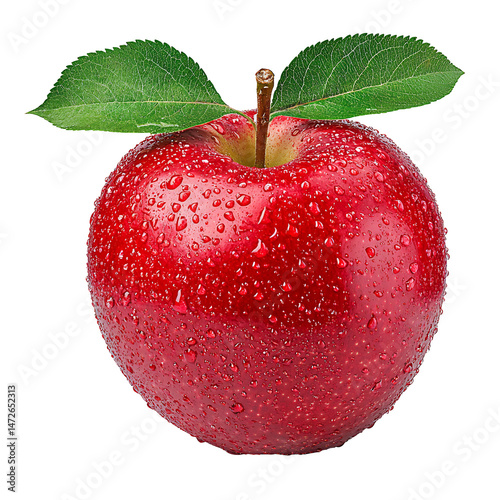 Close up view of a red apple with water droplets, two green leaves on top, set against a transparent background