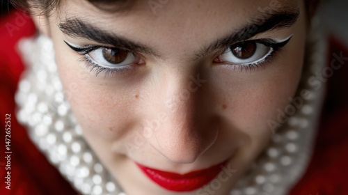 Close-up of a woman's face with striking eyeliner and bold red lipstick, exuding an air of mystery and classic beauty.