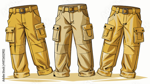 Three pairs of beige cargo pants isolated with Very beautiful white background