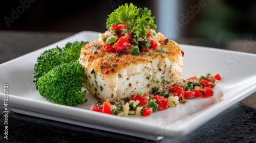 Gourmet dish featuring a herb-crusted fish fillet, garnished with vibrant vegetables and fresh herbs, elegantly presented on a white plate.