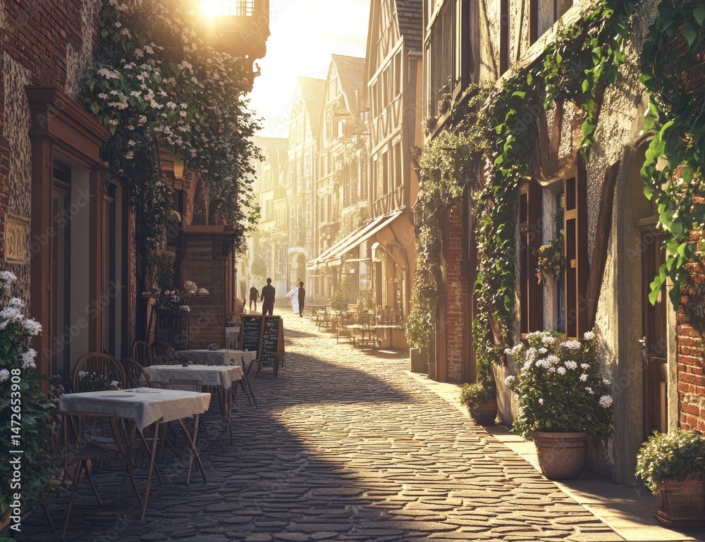 Fototapeta premium Quaint European street scene, lined buildings, brickwork, cobblestone road, plants, sunlight