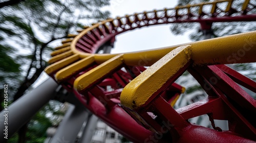 A vibrant close-up of a roller coaster's bright yellow and red tracks curving dynamically under a cloudy sky, evoking excitement and thrill.