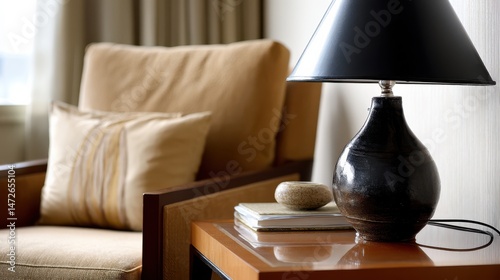 Elegant lamp and beige armchair with cushions in a serene, warmly lit room.