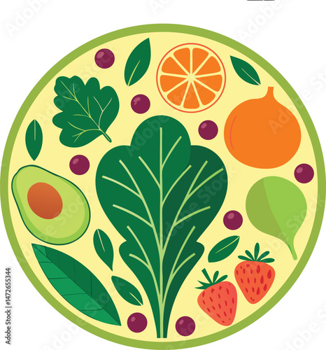 Vibrant fruits and greens come together in a circle, highlighting a healthy food choice