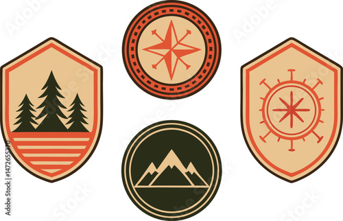 Vintage adventure badges and outdoor exploration emblems with retro travel logos and nature inspired icons 
