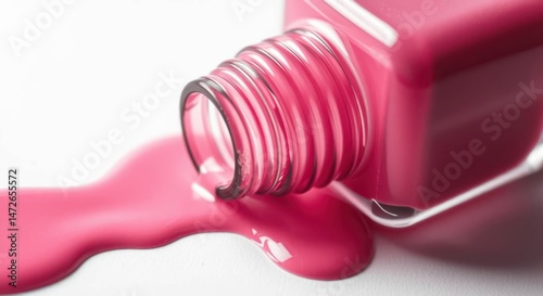 Spilled pink nail polish bottle with a vibrant puddle. Beauty and fashion concept on a clean surface.