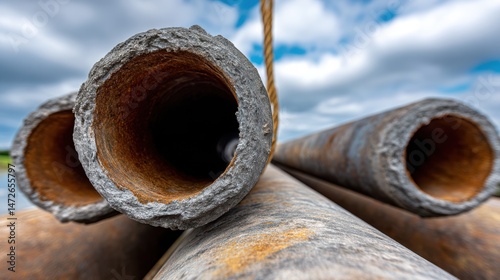 Close-up view of weathered construction pipes with a cloudy sky backdrop, capturing the rugged texture and industrial vibe.