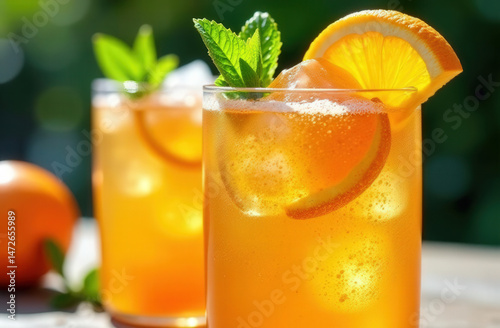Two orange cocktails on the table, orange and green bokeh out of focus at the back, close-up