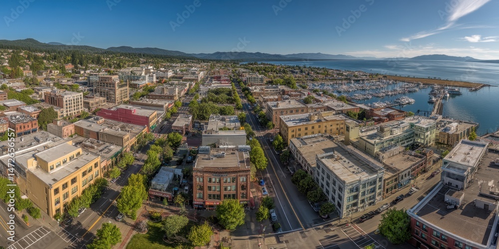 Fototapeta premium Panoramic Aerial Perspective of Bellingham, WA: A Vibrant City Landscape with Waterfront and Architecture under a Sunny Sky