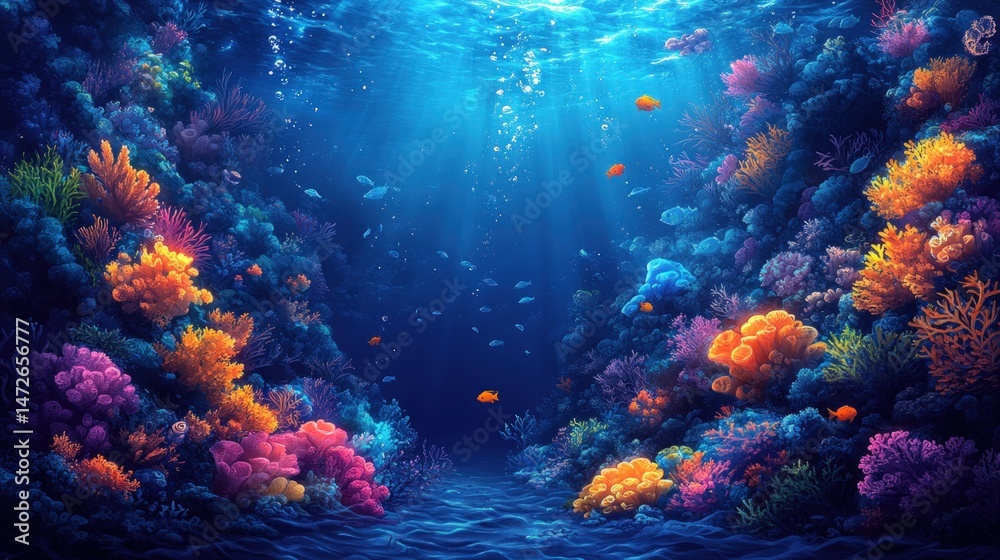 Fototapeta premium Vibrant underwater coral reef teeming with colorful fish and coral formations. Sunlight streams down, illuminating the scene