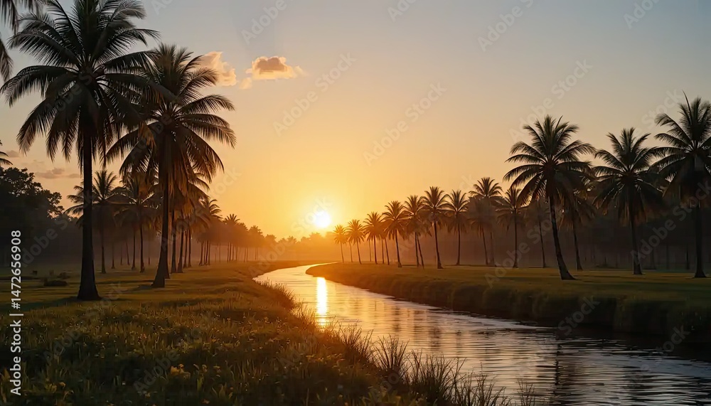 Obraz premium Serene Sunrise Over a Tropical Canal