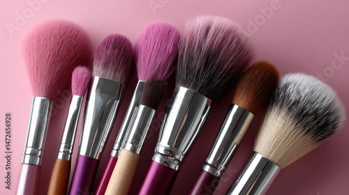 An elegant array of makeup brushes in pink and neutral tones, artistically displayed against a soft pink backdrop, highlighting beauty and artistry.