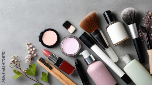A neatly arranged collection of makeup tools and products, accompanied by delicate flowers, showcases a sophisticated beauty routine.