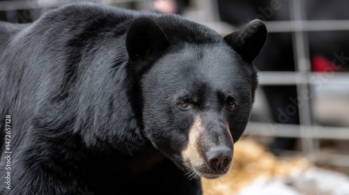 A powerful and contemplative black bear stands in an enclosure, evoking strength and grace under the natural light.