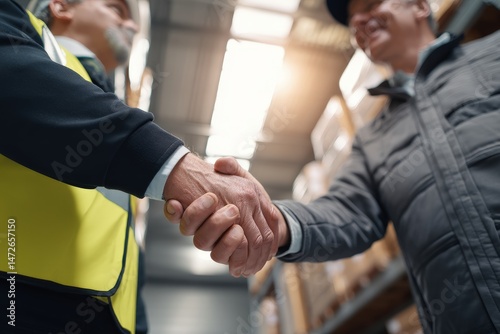 Two men shaking hands in a warehouse environment.