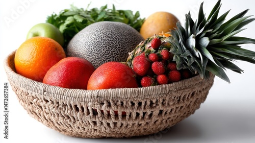 A vibrant basket of assorted fruits, including pineapple and oranges, rests on a white background, showcasing nature's colorful bounty.