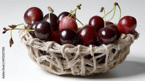 A rustic basket brimming with glossy red cherries sits on a light background, highlighting their rich color and inviting texture.