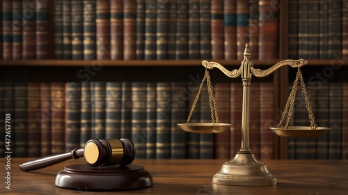 Legal scales and gavel on a desk, surrounded by books