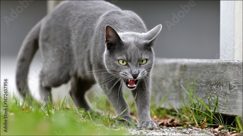 A fierce-looking grey cat plants its paws firmly on grass, eyes piercing forward, ready to pounce.