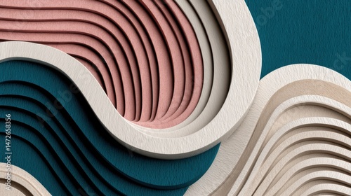 Layered curves of vibrant colors create a mesmerizing abstract design, blending pink, blue, and beige in harmony.