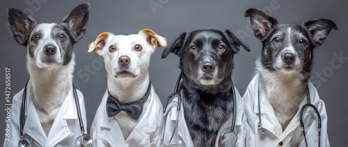 Four dogs dressed as doctors wearing lab coats.