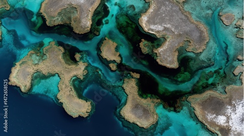 Aerial view of turquoise ocean teeming with rocky formations, showcasing natural beauty and diverse marine landscapes.