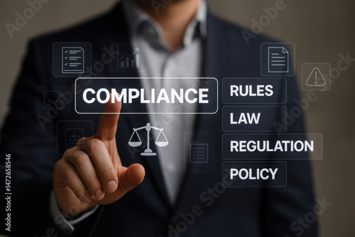 Compliance rules and law regulation policy on virtual screen, documents with checkbox lists - Strategic Digital Workspace Scene