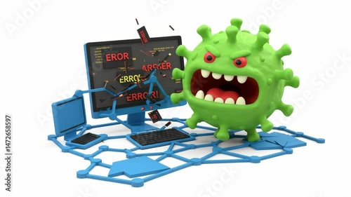 Angry Virus Attacking Computer Network - A 3D video of an angry cartoon virus destroying a computer network.  Error messages are displayed on the broken computer screen, illustrating a cyberattack.