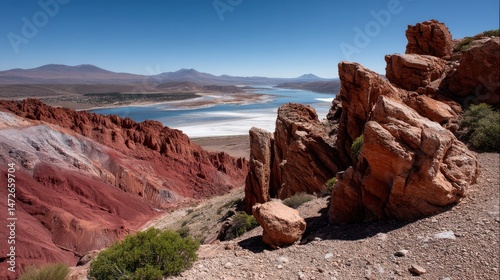 Breathtaking Bolivian landscape featuring vivid red rocks, a blue lake, and mountain vista.