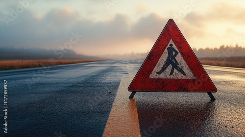 Wallpaper Mural A cautionary road sign on a wet asphalt highway. Torontodigital.ca