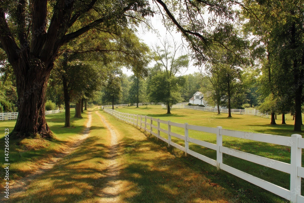 Obraz premium Tranquil Equestrian Retreat: White Fencing Surrounds Lush Pastures on Rural Horse Property in the Heartland