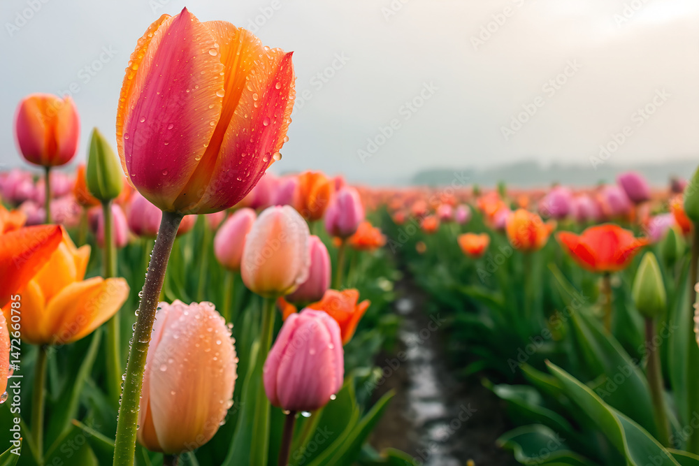 Naklejka premium Vibrant Dew-Kissed Tulips in a Spring Flower Field