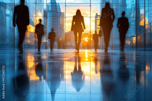 Wallpaper Mural Professionals walking through a city building during sunset with reflections on the floor and skyline in view Torontodigital.ca