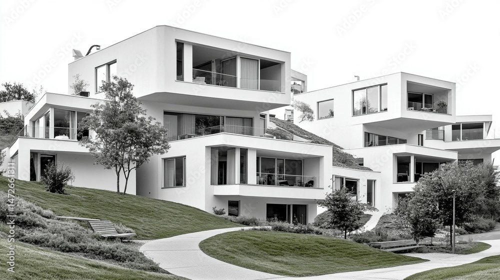 Fototapeta premium Modern, multi-story apartment complex nestled on a hillside, featuring terraced levels and balconies