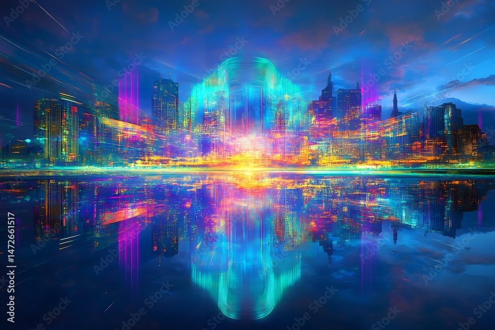 Fototapeta premium Futuristic city skyline at twilight, vibrant colors reflected in water