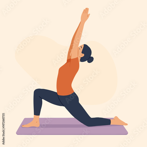 Flat Vector of Woman in Low Lunge Yoga Pose (Anjaneyasana).Minimalist design, pastel background — perfect for wellness, yoga, fitness, lifestyle, and digital content projects.
