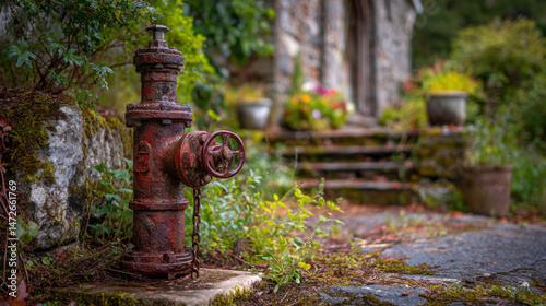 Wallpaper Mural Rusty fire hydrant in a lush garden setting near a quaint stone building Torontodigital.ca