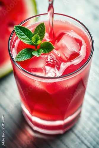 Wallpaper Mural Refreshing watermelon beverage being poured into a glass with ice and mint garnish. Summer drink. Torontodigital.ca