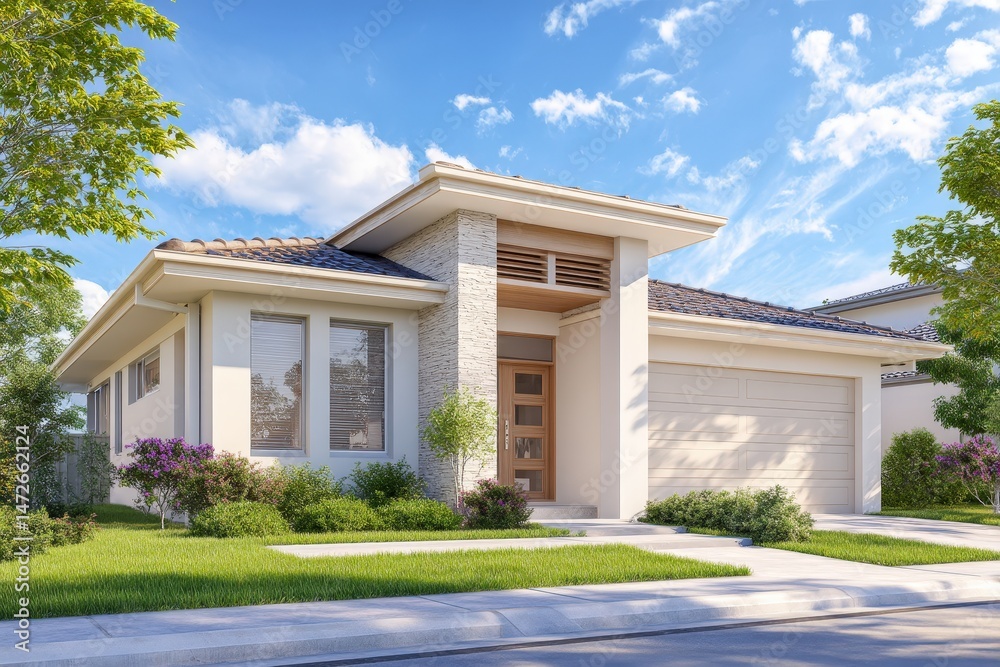 Fototapeta premium Modern suburban house with landscaped front yard.