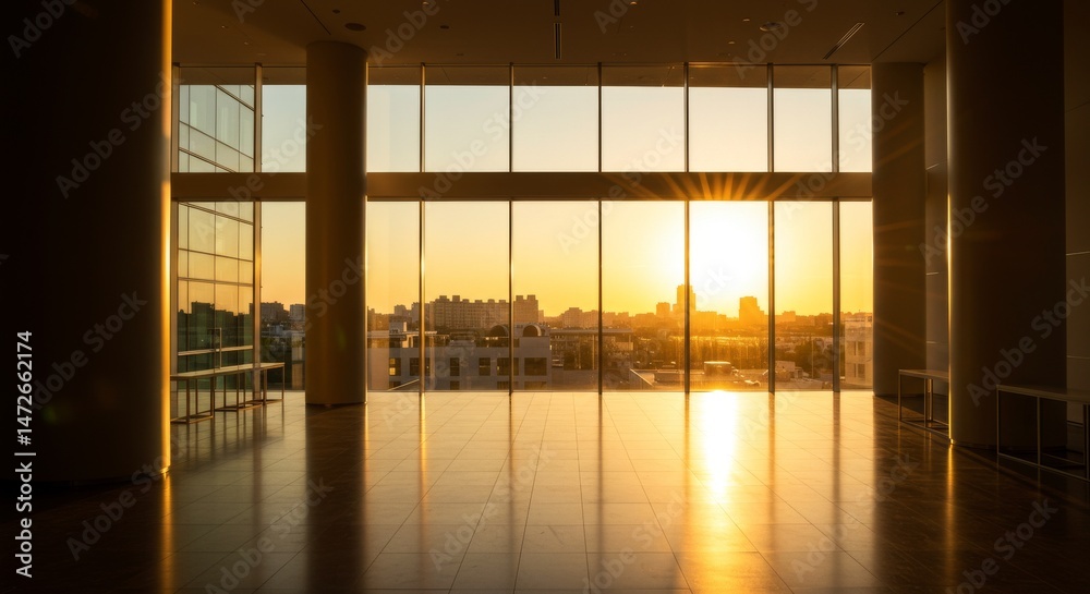 Fototapeta premium Dramatic Sun Rays Streaming Through Modern Building Windows at Golden Hour
