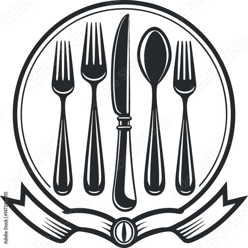 Silhouette of cutlery in minimalist black and white design for kitchen and dining icons 