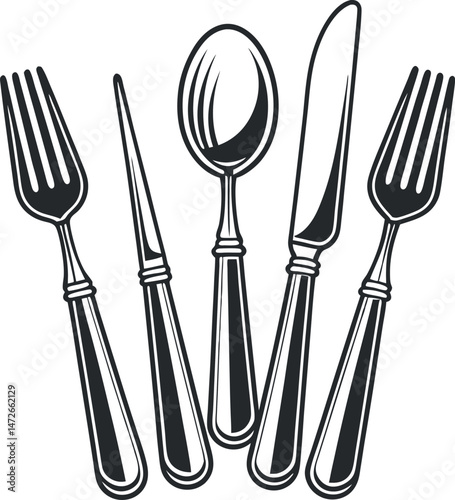 Silhouette of cutlery in minimalist black and white design for kitchen and dining icons 