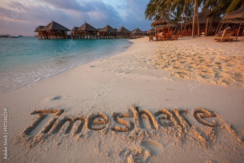 Tropical Timeshare Inscription in Sand Along the Exotic Caribbean Coast at Sunset