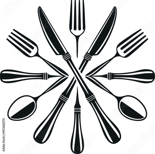 Silhouette of cutlery in minimalist black and white design for kitchen and dining icons 