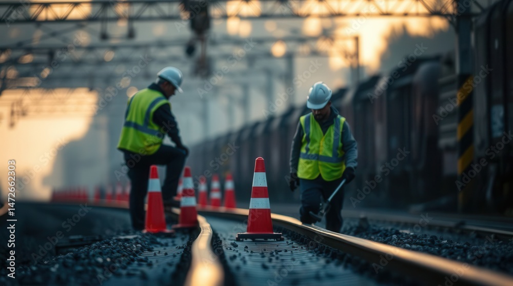custom made wallpaper toronto digitalRailroad Workers Inspecting Tracks with Safety Cones